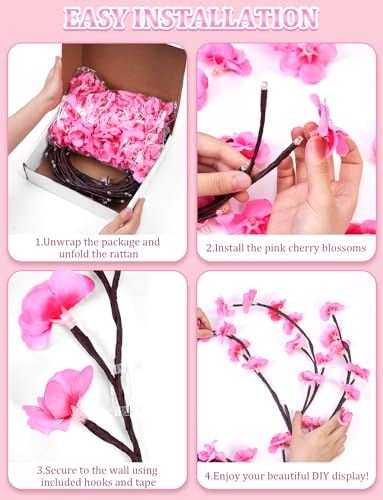 Cherry Blossom Lights for Bedroom Wall Decor, 4FT 48 LED DIY Cherry Blossom Decorations,LED Blossom Tree Flower Lights,Pink Aesthetic Room Decor,Remote Timer,8 Lighting Modes