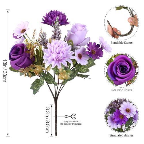 Dremisland Fake Flower Bouquets,2 Packs Silk Rose Daisy Bouquet Artificial Flower Arrangement Realistic Rose Bouquets for Centerpiece Table Wedding Party Bride Home Decor (Double Purple, 4PCS) - color: Double Purple, size: 4PCS