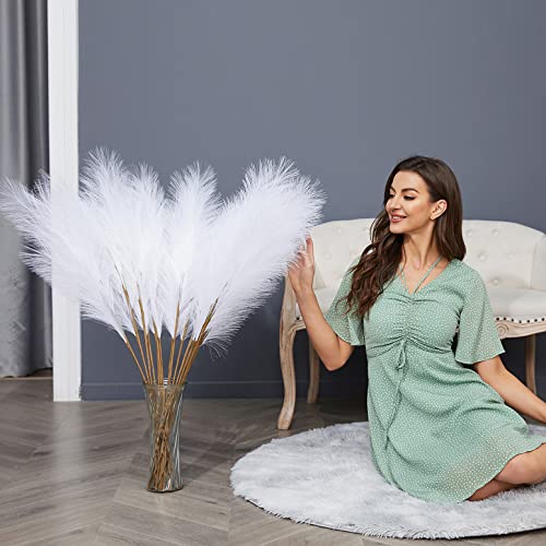 FOTEEWL 8 PCS Faux Pampas Grass Decor 38"/3.1FT Tall Fake Pompas Floral Large Artificial Pompous Grass Branches Plants for Floor Vase Filler Home Boho Decor (White) - color: White