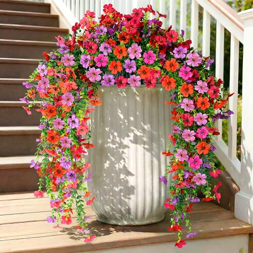 5PCS Artificial Faux Hanging Flowers Plants for Outdoor Decor,Fake Silk Daisy Flowers with Eucalyptus UV Resistant Realistic Vines for Home Porch Patio Balcony Yard Decor (Hot pink Red Purple) - color: Hot Pink Red Purple