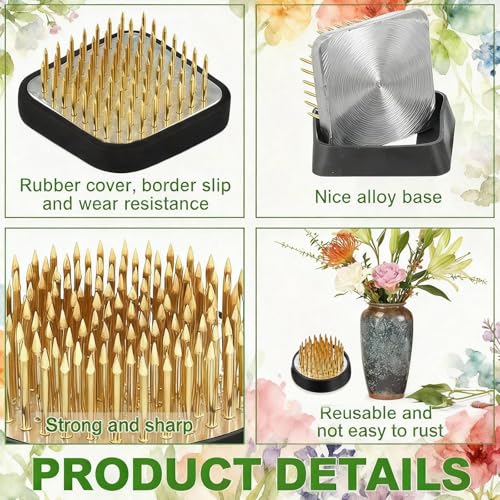 4 Pcs Flower Frog Pin Holder Set - 2 Round & 2 Square (0.9", 1.2", 1.57", 1.97") Floral Arrangement Frogs Vases with Straightener & Cleaning Brush - Ikebana Flower Holder Tools for DIY Crafts