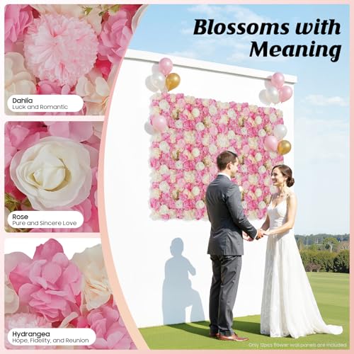 12 Pcs Artificial Flower Wall Panels Silk Dahlia Rose 3D Faux Flower Backdrop Panels Background Decorative for Wedding Celebrations Festive Party Home, 23.62 * 15.74in (Pink-4) - color: Pink-4