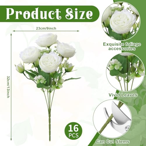 16 Pack White Peonies Artificial Flowers, Fake Silk Hydrangea Bouquet for Bridal Wedding Home Table Decor Reusable Dining Opening Ceremony Birthday Arrangement Faux Floral - color: White