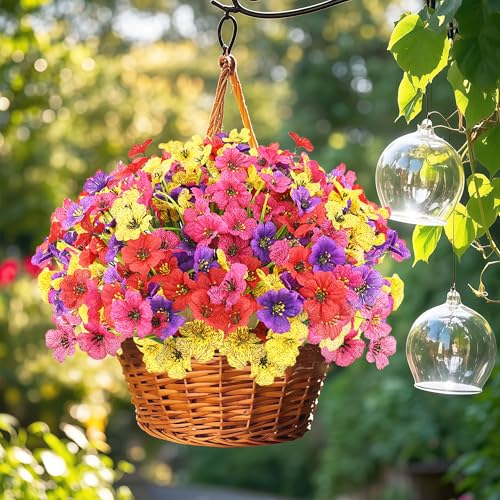 16 Bundles Colorful Artificial Flowers for Outdoors Realistic Fake Silk Flowers Faux Plants for Summer Outside Garden Porch Window Box Planters Home Farmhouse (4 Colors) - color: Rose Red and Yellow and Red and Purple, size: 15inches-16pcs