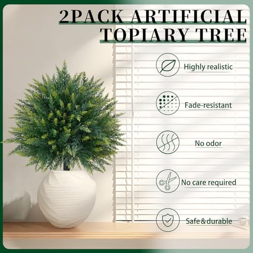 2 Pack Artificial Cedar Topiary Trees with Ground Spike, Fake Pine Shrubs Bushes, UV Resistant Faux Evergreen Cypress Tree Plants for Indoor Outdoor Planters Front Porch - color: Cedar