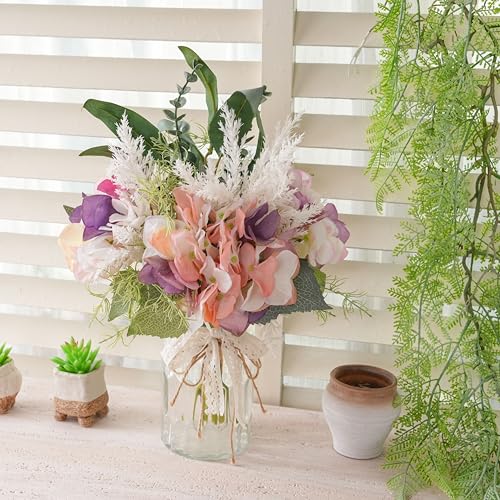 LUEUR Fake Flowers with Vase, Artificial Pink & Purple Hydrangea Arrangement, Spring Floral Centerpiece for Dining Table, Coffee Table & Farmhouse Home Decor Srping Decoration - color: Purple & Green