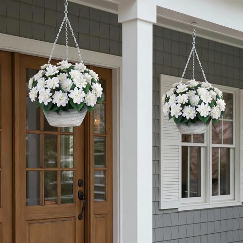 VIERENA 8 Bundles Artificial Dahlia Flowers for Outdoors Spring Summer Decor, No Fade Silk Flower Faux Dahlias Plant Arrangement for Home Garden Balcony Farmhouse（White） - color: White