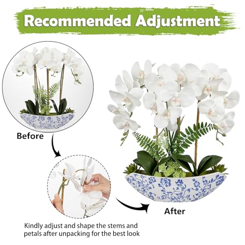 Briful Orchid Artificial Flowers 18in White Fake Orchid Silk Flowers with Blue and White Ceramic Vase Faux Orchid Arrangement for Home Office Room Coffee Table Centerpiece Modern Decor - color: White-floral Pattern Vase