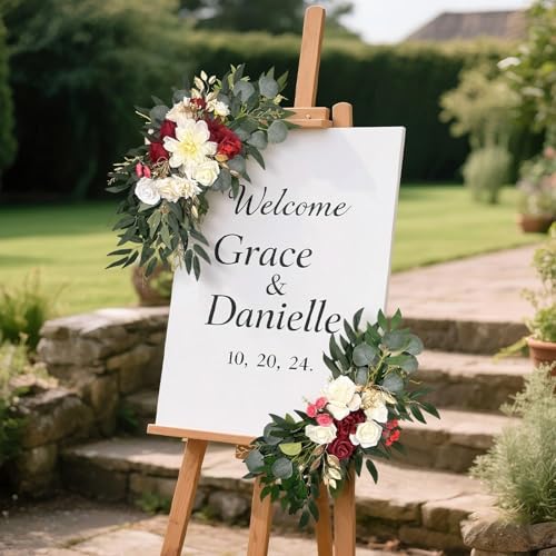 Artificial Wedding Arch Flowers (Pack of 2) White Wedding Flowers for Wedding Welcome Ceremony Sign Faux Floral Swags, Banquet and Reception Backdrop Floral Decoration (White & Red) - color: White & Red