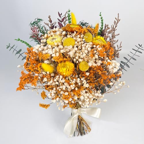 Handmade Dried Flower Bouquet, 14” Natural Orange & Yellow Floral Arrangement with Baby’s Breath, Craspedia & Eucalyptus – Boho Home Decor, Wedding Centerpieces, Rustic Floral Gift - color: Orange