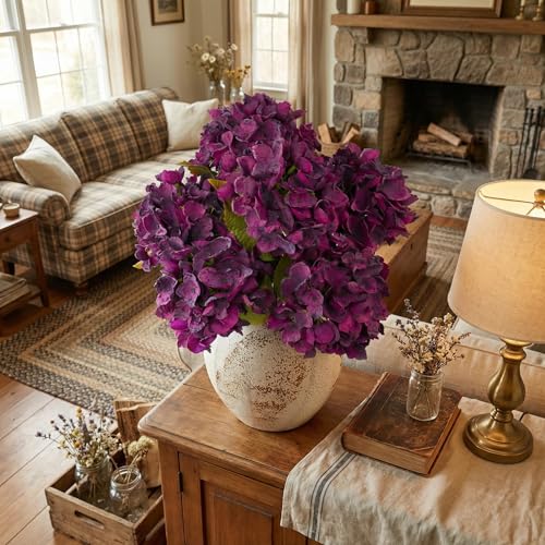 TOPIA Purple Silk Fall Flowers Artificial Silk Dried Hydrangea Flowers Artificial Fall Flowers Bouquet Dried Flowers for Home Decor(6 PCS) (Purple) - color: Purple