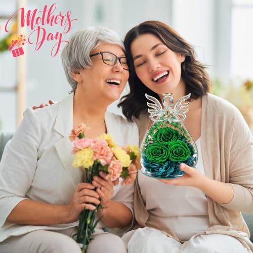 Beferr Gifts for Mom Birthday Gifts for Women, Fresh Flowers for Delivery Forever Preserved Rose in Glass Angel Figurine, Anniversary Christian Real Rose for Grandma Wife Mother from Daughter Son - color: Q Green