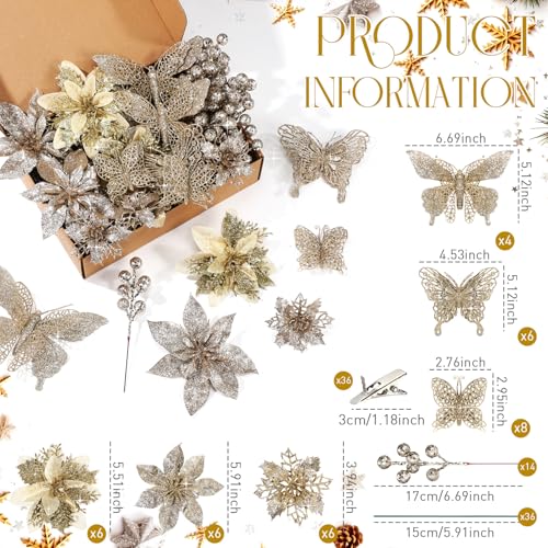 Thiccywoov 122 Pcs Christmas Glitter Poinsettia Artificial Flowers Berry Picks Butterfly Christmas Tree Ornaments 3 Styles Poinsettia kit with Clip for Xmas Wreath Home Tree Decor(Champagne) - color: Champagne