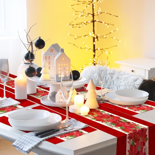 VitalCozy 7 Pcs Poinsettia Placemats Set of 6 Christmas Table Runner and Placemats 72 Inches Christmas Table Runner and Placemat Set Poinsettia Decorations for Home and Kitchen Holiday Indoor Dining - style: Poinsettia