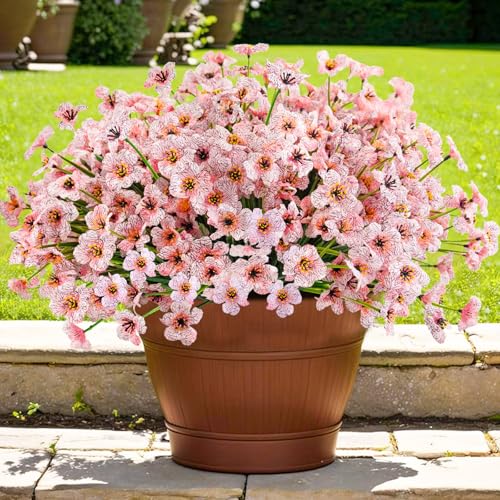 Krissing 48 Bundles Outdoor Artificial Flowers UV Resistant Fake Silk Flowers Faux Plastic Plants Outside Garden Porch Window Box Summer Decoration (Pink) - color: Pink