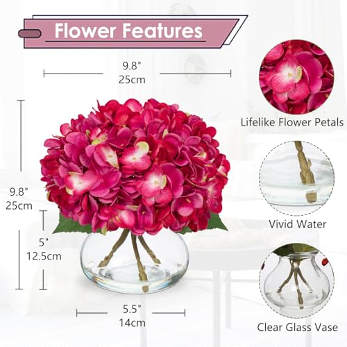 Hollyone Hydrangea Artificial Flowers with Glass Vase Fuchsia Silk Faux Flowers Arrangements in Vase with Faux Water Fake Floral Bulk Bouquet for Home Decor Table Centerpiece Decorations - color: Hydrangea, Fuchsia