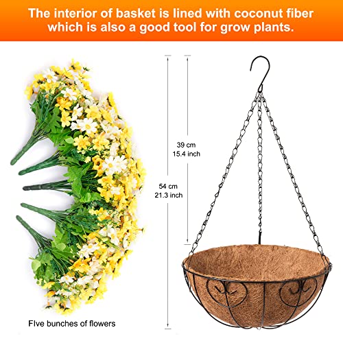 Ammyoo Artificial Hanging Flowers with Basket for Spring Outdoor Decor, Fake Mums Hanging Plant, Faux Daisy Flowers Uv Resistant for Patio Garden Porch Deck Indoor Decoration(Yellow White) - color: Yellow and White