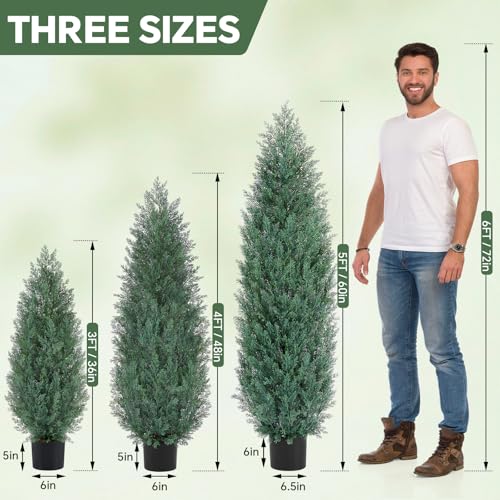 3Ft Artificial Cypress Trees (Set of 2) Outdoor Indoor, Realistic Faux Potted Cedar Trees with UV Protection, FakeTopiary Trees in Cement Pot for Entryway Patio Porch Garden Office Home Decor - size: 3FT