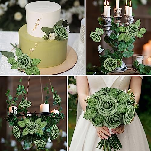 AmyHomie Artificial Flowers Green Rose 25pcs Real Looking Fake Roses w/Stem for DIY Wedding Bouquets Centerpieces Arrangements Party Baby Shower Valentines Day Christmas Tree Decorations - color: Green