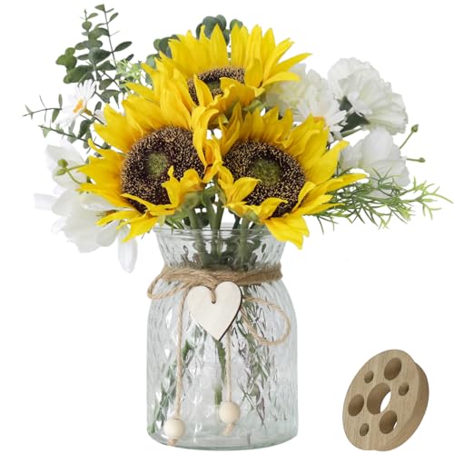 Artificial Sunflower Bouquets in Vase with a Flower Arrangement Holder - Centerpieces for Dining Room & Coffee Table Decor - color: White-yellow