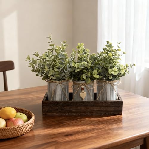 Artificial Flower Decorative Centerpiece, Frosty Green Eucalyptus Table Arrangement with 3 Rustic Metal Pots and Wood Tray for Farmhouse Home Décor - style: Eucalyptus
