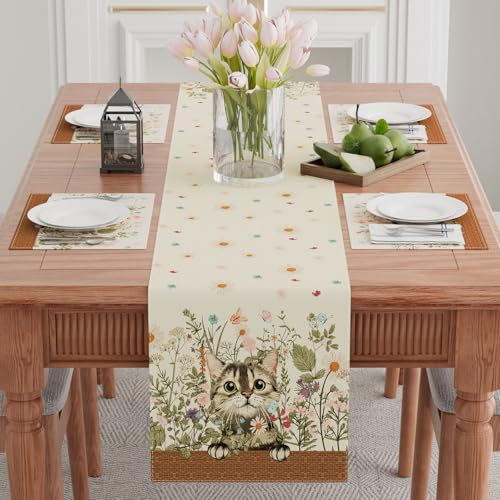 XCHI Wildflowers Cat Daisy Spring Table Runner Summer Table Decoration for Party Home Kitchen Dining Holiday Decor 13x48 Inch - size: 13x48 Inch