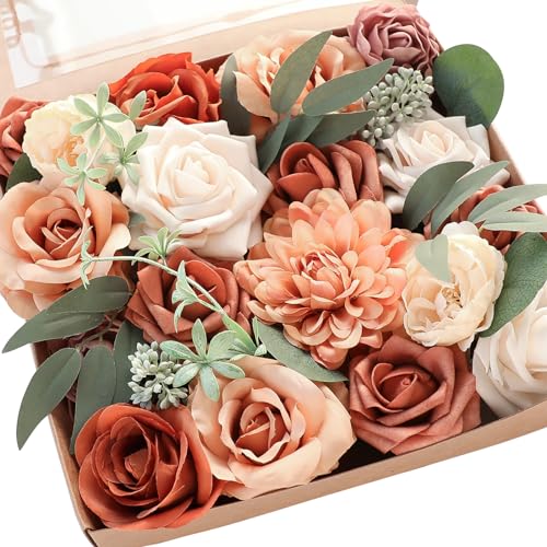 Floroom Terracotta Artificial Flowers Burnt Orange Fake Roses Peonies Dahlia Greenery Combo Box Set for DIY Wedding Bouquets Bridal Shower Centerpieces Floral Arrangements Party Tables Home Decoration - color: Amber Terracotta