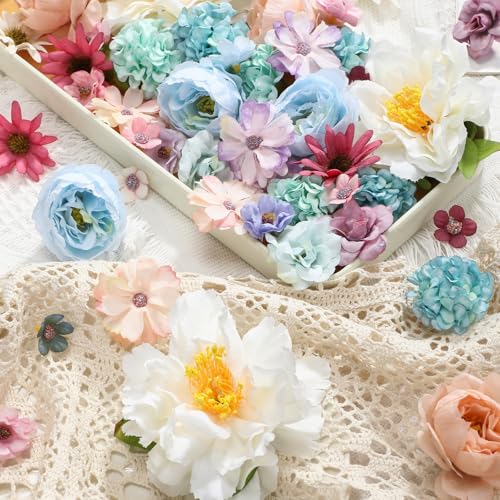 Thiccywoov 250 Pcs Artificial Flowers Heads Bulk Mini Silk Mix Flowers Fake Peony Daisy Rose Multicolor for Blossom Wreath Bouquets Wedding Home Decorations Party Craft Garland DIY(Multicolor) - color: Multi Color