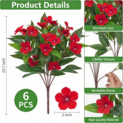 Roberly 6 Bundles Artificial Flowers for Outdoors, Faux Silk Catharanthus Roseus Flowers Bouquet Fake Greenery Plant for Spring Summer Garden Patio Porch Window Box Table Home Decor, Red - color: Red