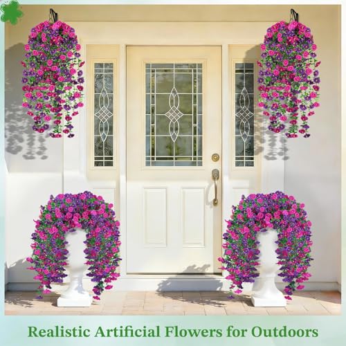 Artificial Hanging Flowers for Outdoors, 4Pcs UV Resistant Artificial Hanging Morning Glory Flowers, Spring Realistic Faux Outdoor Flower for Porch Patio Yard Garden Farmhouse Decor (Fuchsia) - color: Fuchsia