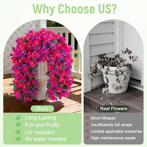 Fake Bougainvillea Artificial Flowers for Outdoors Decoration 2 pcs Faux Hanging Flowers Plants for Outdoor Planters UV Resistant Silk Bougainvillea Vines for Front Door Porch Urn Patio Garden - color: Hot Pink and Light Purple