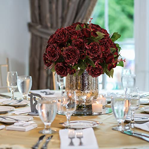 Artificial Peonies Silk Flowers, Burgundy Faux Peony Bouquet 4 Bundles Florals Arrangements for Farmhouse Home Boho Wedding Table Centerpiece, Fake Plastic Flowers Bulk for Vase Decoration (Burgundy) - color: Burgundy, size: 4PCS
