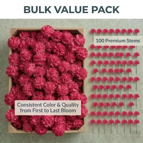 Larksilk 100 Pack Artificial Carnations - Bulk Silk Flowers for Weddings, Mother's Day, Graduations, Easter & Memorial Day - 3.5" Heads, 5" Stems, Real Touch Petals, 18 Colors Available - Fuchsia | Bulk silk carnation heads with detachable stems, real-tou