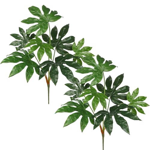 Hollyone 2PCS Artificial Fatsia Jaonica Leaves 30.7" Fake Tropical Monstera Bushes Tree Leaf Large Faux Greenery Stem Shrub for Indoor Outdoor Home Garden Arrangement Jungle Safari Wedding Party Decor - color: Tropical Palm, size: Bushes