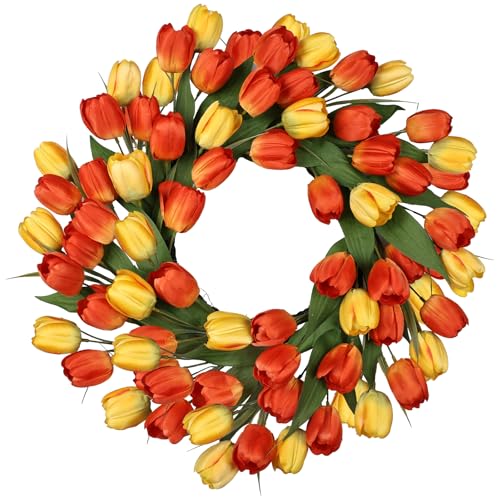 24 Inch Tulip Summer Wreath for Front Door Spring Silk Wreath with Green Leaves Artificial Tulip Flower Wreaths for All Seasons Farmhouse Porch Wall Living Room Home Widding Decor-Orange - color: Orange