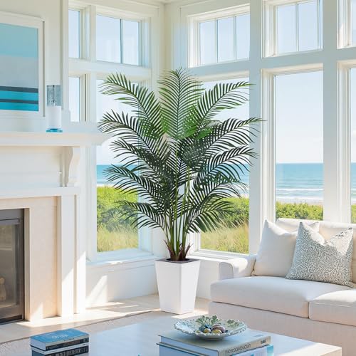 Artificial Palm Tree with White Tall Planter, 6ft Tall Potted Artificial Silk Palm Tree Plant, Fake Tropical Plant, Home Office Floor Room Decor Plants Indoor Outdoor, Housewarming Gift - size: 6ft