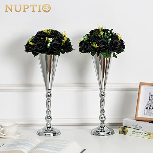 NUPTIO Black Artificial Roses Flowers: 6 Pcs Fake Flower Bouquet Halloween Decorations - 15 Heads Artificial Rose Centerpieces with Base for Gothic Wedding Party Table Decor - color: Black, size: 6 Pcs