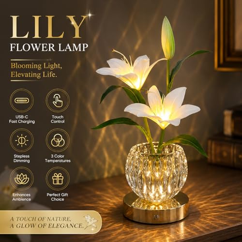 Lily Flower Lamps, 3 Colors Touch Stepless Dimming Glass Night Light, Rechargeable Artificial Flower Light, LED Flower with Vase Lamp Romantic Decor for Date Party Home (White - Lily) - color: White - Lily