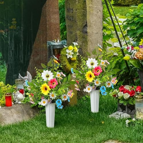 Thiccywoov 2 Set Artificial Daisy Cemetery Flowers with Vase Multicolor Artificial Daisy Bouquet Silk Graveyard Memorial Flowers for Spring Summer Cemetery Headstones Decoration - color: Multicolored, size: Daisy