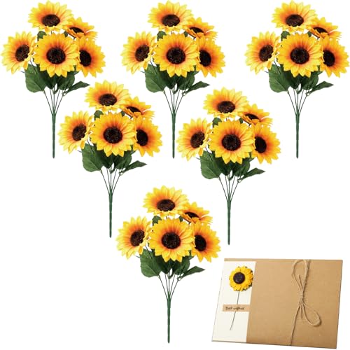 6 Pack Artificial Sunflower with Stem and Big Head Fake Silk Flowers Bulk + Greeting Cards, Faux Sunflower Bouquet for Birthday Gift, Mother's Day Decor - color: 6pack-short