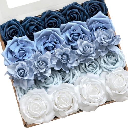 Ling's moment Artificial Flowers Fake Silk Roses Faux Foam Gardenia Combo for DIY Wedding Bouquets Centerpieces Arrangements Bridal Shower Party Home Decorations, Dusty Blue & Ivory, 23pcs - color: Blu-dusty Blue & Ivory
