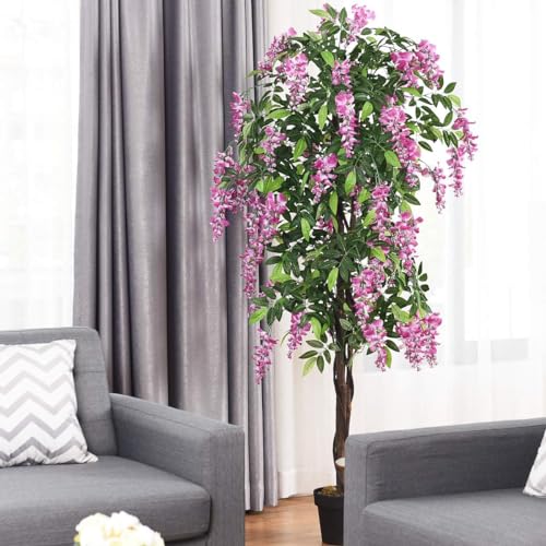 Goplus 6FT Ficus Artificial Tree, 2 Pack Fake Wisteria Tree in Nursery Pot, Greenery Faux Floor Plant, Tall Artificial Plants for Indoor Outdoor Bedroom Living Room Decor - color: Rosy, size: 6ft×2
