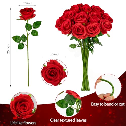 Ouddy Decor 20 Pcs Red Roses Artificial Silk Flowers Fake Roses Bouquet with Long Stems for Mother's Day Decor Wedding Home Party Table Centerpieces Bridal Bouquet DIY Floral Arrangment, Red - color: Red, size: 20 Packs