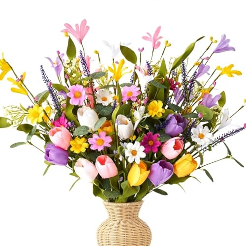 12 Pack Spring Decorations for Home, 4 Colors Flowers Artificial for Decor, 17 Inch Flores Artificiales para Decoracion with Tulips, Daisy and Forsythia for Spring Summer Decor - color: Spring, size: 12 Pcs