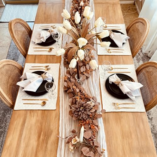 CQURE 2Pack Eucalyptus Garland,Artificial Eucalyptus Leaves Flowers Table Greenery Garland Wreath Vines for Wedding Party Fireplace Bedroom Room Decor - size: 17.7 Ft with Flowers-Brown