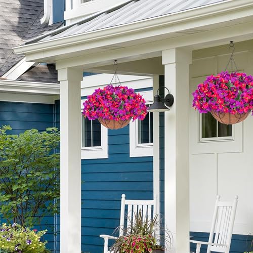 Artificial Hanging Flowers Plant with Basket for Outdoors, Fake Hanging Plants Silk Bougainvillea in Planter Look Real UV Resistant Faux Flower for Outside Porch Patio Garden Home Decor, PurpleHotpink - color: Purplehotpink