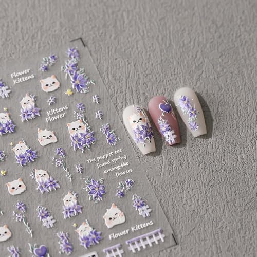 Purple Flower Nail Art Stickers 5D Powder Blusher Cat Nail Decals 1PCS Embossed Heart Petal Lavender Design Stickers Summer Floral Adhesive Nail Accessories for Manicure Decor - style: Style6-Lavender Cat