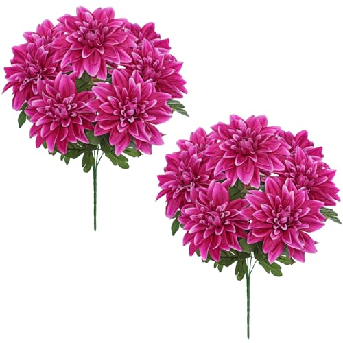 Hollyone 2Pcs Purple-Pink Artificial Dahlia Flowers with Stem Bushes 7 Heads Silk Fake Dahlias Flowers Wedding Bouquets Faux Dahlia Flower Floral Arrangements for Party Table Centerpieces Home Decor - color: 2pcs - Purple Pink