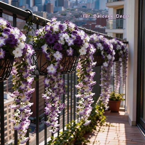 3 Pack Artificial Flowers for Outdoors Front Porch Spring Decor,Faux Outdoor Plants Hanging Flowers UV Resistant for Hanging Baskets,Tall Potted Fake Flowers for Outdoor Planters Decor (Purple White) - color: Purple White-3