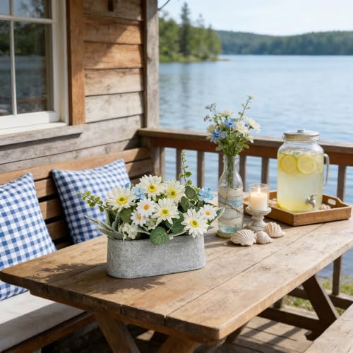 Floral Centerpieces for Tables, 12 Inch Small Artificial Flowers in Metal Pot with White Daisy Arrangement, Farmhouse Fake Potted Faux Plant for Spring Summer All Season Indoor Outdoor Decor